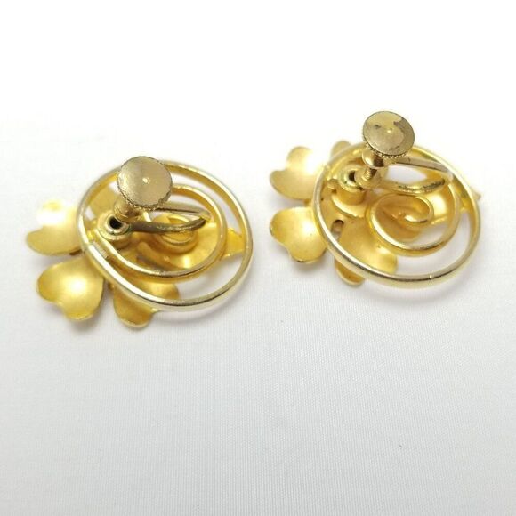 Vintage Flower Rhinestone Center Clip On Screw Back Earrings, Gold Tone Setting - Picture 3 of 6